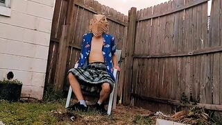 Kilt and thong outside solo jerk off