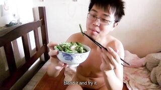 Naked Asian twink reveals his juicy snack time solo desires