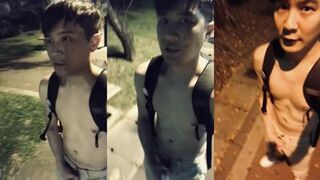 Walking naked getting a public handjob destroyed with cum right there