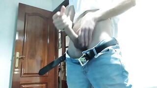 Stepdad watches as I choke on my big cock and cum all over my face