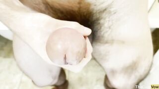 Standing hairy twink wanks till cum explodes thick in close-up leg shot