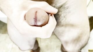 Standing hairy twink wanks till cum explodes thick in close-up leg shot