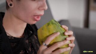 Asian Twink Fills Juicy Papaya with Thick Cream