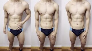 Lucas Wong in a stretchy speedo bulging his thick dick
