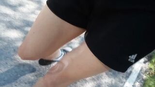 Twink walks freeball showing his cock sticking out of shorts in bus and street