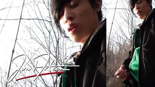 Twink gushes sticky thick cum outdoors public mess fingers