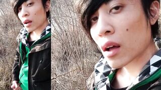 Twink gushes sticky thick cum outdoors public mess fingers