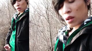 Twink gushes sticky thick cum outdoors public mess fingers