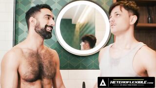 Roommates' secret shower jerk off turns into bareback anal