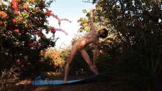 Asian twink bends tight in pink orchard while naked yoga drips his thick uncut cock