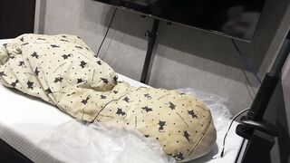 Asian student covered in thick cum as he fucks the futon for the last time