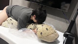 Asian student covered in thick cum as he fucks the futon for the last time