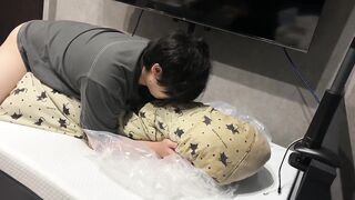 Asian student covered in thick cum as he fucks the futon for the last time