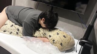 Asian student covered in thick cum as he fucks the futon for the last time