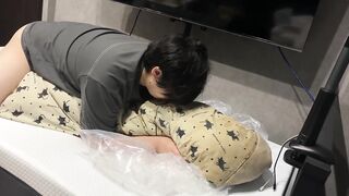 Asian student covered in thick cum as he fucks the futon for the last time