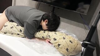 Asian student covered in thick cum as he fucks the futon for the last time