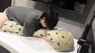 Asian student covered in thick cum as he fucks the futon for the last time