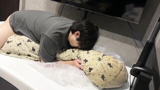 Asian student covered in thick cum as he fucks the futon for the last time