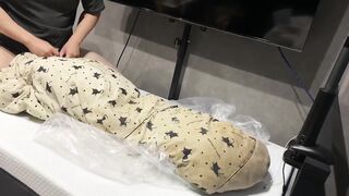 Asian student covered in thick cum as he fucks the futon for the last time