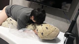 Asian student covered in thick cum as he fucks the futon for the last time