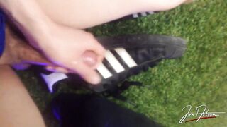 Twink Soccer Fan Destroys Adidas Superstars with Sloppy Shoejob Cumshots