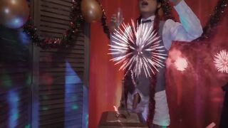 New Year French twink jerks off gags down his own cum in glass