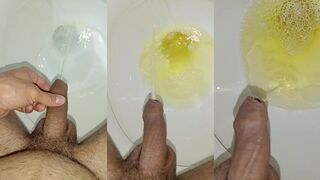 Desperate golden shower in public bathroom almost caught cumming closeup