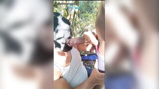 Two teens deep throating massive black cocks riverside gangbang blowjob