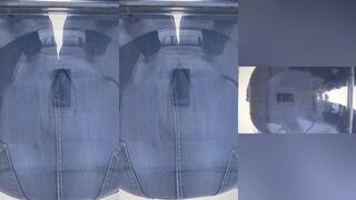 Jeans bursting flood of trapped pee leaks on camera