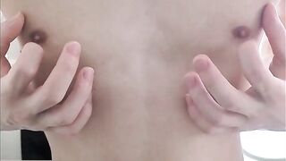 Gay Japanese twink jerks his nipples raw till he drools