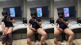 Gay asian student destroyed by huge cumshot after watching naughty video