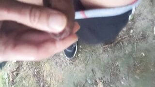 Twink moaning with thick cum string stuck on hand outdoor cum play