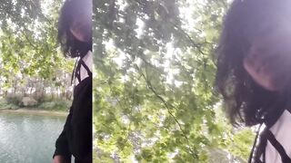 Twink moaning with thick cum string stuck on hand outdoor cum play