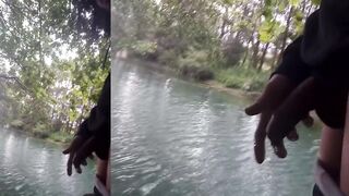 Twink moaning with thick cum string stuck on hand outdoor cum play