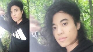 Twink moaning with thick cum string stuck on hand outdoor cum play
