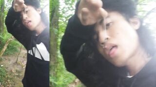 Twink moaning with thick cum string stuck on hand outdoor cum play