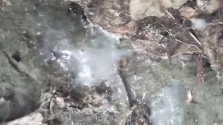 Twink moaning with thick cum string stuck on hand outdoor cum play