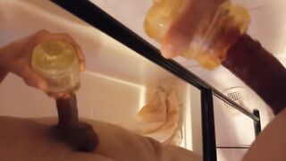 Asian twink destroys Fleshlight in steamy bathroom cumshot wank