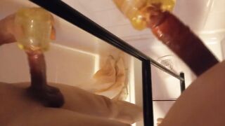 Asian twink destroys Fleshlight in steamy bathroom cumshot wank