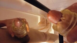 Asian twink destroys Fleshlight in steamy bathroom cumshot wank