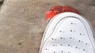 White AF1s get stomped and mashed by boy crushes ketchup packet sockless