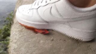 White AF1s get stomped and mashed by boy crushes ketchup packet sockless
