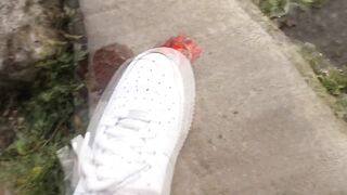 White AF1s get stomped and mashed by boy crushes ketchup packet sockless