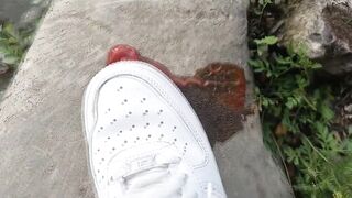 White AF1s get stomped and mashed by boy crushes ketchup packet sockless