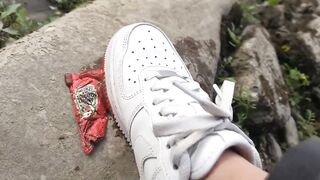 White AF1s get stomped and mashed by boy crushes ketchup packet sockless