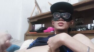 Asian twink’s armpit exposed and slime daks leaking thick cumshot solo