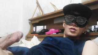 Asian twink’s armpit exposed and slime daks leaking thick cumshot solo