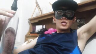 Asian twink’s armpit exposed and slime daks leaking thick cumshot solo