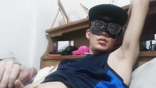 Asian twink’s armpit exposed and slime daks leaking thick cumshot solo