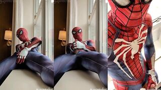 Exhibitionist Spiderman gushes cum from hotel window while strangers watch